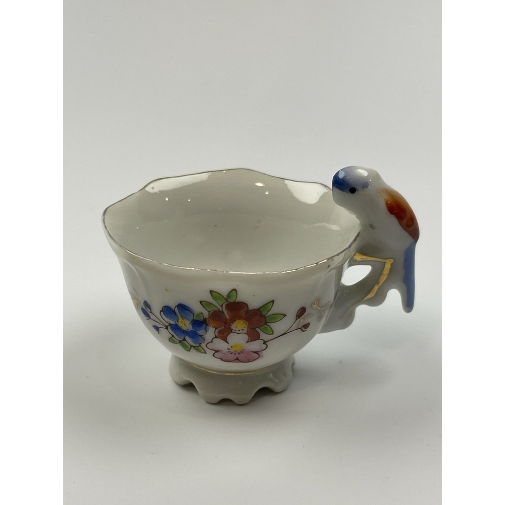 MINIATURE Teacup Colorful Bird Parrot Roses Handpainted‎ in Japan 2" Tall Vintag